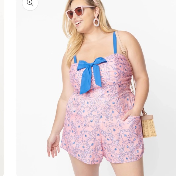 Unique Vintage X My Little Ponies Pink & Blue Bow Front Pinup Romper NWT M-L? - Picture 2 of 15